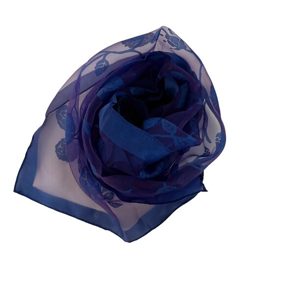 Sheer Blue Floral Scarf Chiffon Embroidered Rose Design Classic Vintage - Picture 3 of 5